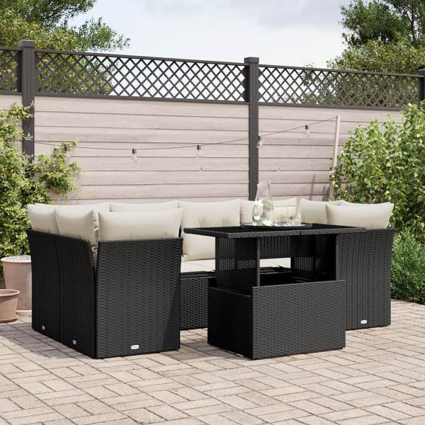 vidaXL 7-tlg. Garten-Sofagarnitur mit Kissen Schwarz Poly Rattan, UV-beständig, 3266376