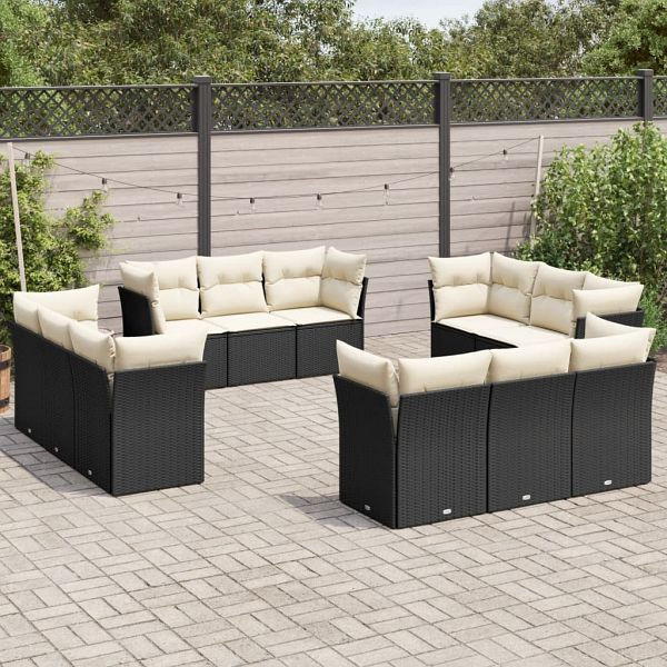 vidaXL 12-teilig Garten-Sofagarnitur mit Kissen Schwarz Poly Rattan, 3217326