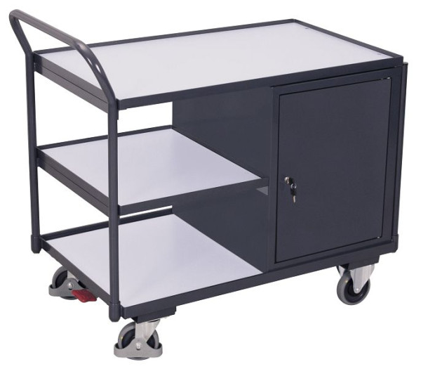VARIOfit ESD Werkstattwagen mit 3 Ladeflächen, Außenmaße: 1.125 x 625 x 1.010 mm, RAL 7024 graphitgrau, mit verschließbarer Flügeltür, sw-600.773