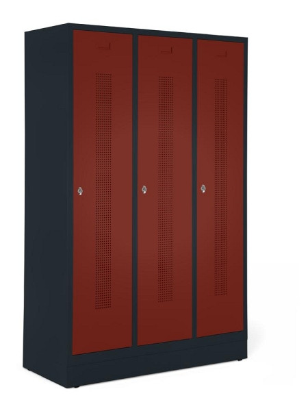 Deskin Garderobenspind mit Sockel, Rubinrot RAL 3003, 1185 x 500 x 1800 mm, 3 Abteile, Korpus: Anthrazit RAL 7021, 347056