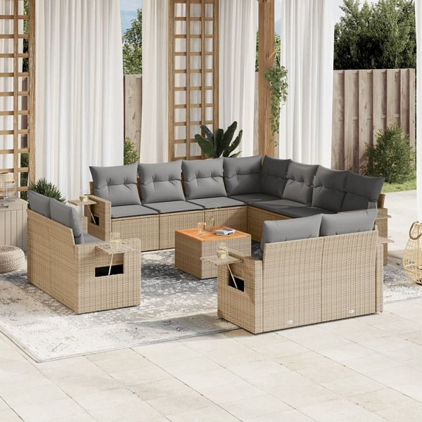 vidaXL 12-teilig Garten-Sofagarnitur mit Kissen Beige Poly Rattan, 3224827