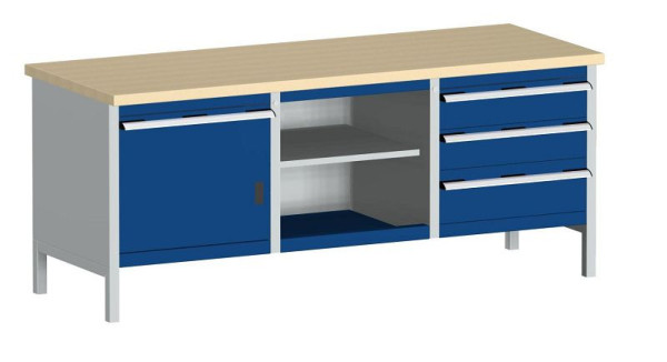 bott cubio Kastenwerkbank mit 4 Schubladen Türe, 2 Ablagen, Multiplex-Arbeitsplatte BxTxH: 2000 x 750 x 840 mm, RAL 7035/5010, 41002058.11V