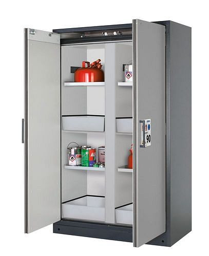 asecos Feuerbeständiger Gefahrstoffschrank Select, Mittelwand, mit Einlegeböden, Bodenwannen, grau, 266839