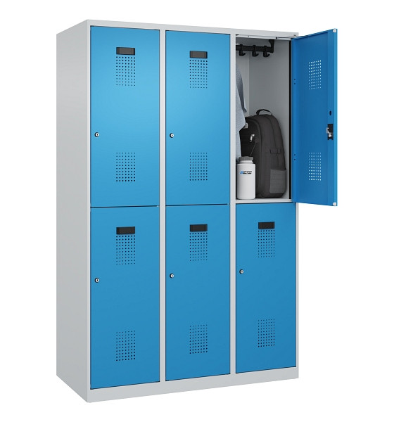 C+P Doppelstöckiger Spind Evolo PLUS, 6 Fächer, 1850x1200x500mm, 7035/5012, Zylinderschloss, 049300-32 S10034