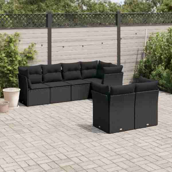 vidaXL 7-tlg. Garten-Sofagarnitur mit Kissen Schwarz Poly Rattan, UV-beständig, 3217895
