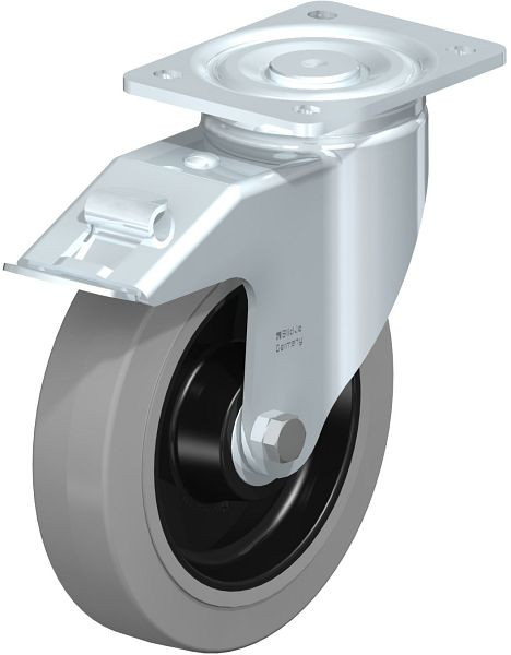 Blickle LH-POEV 200XKA-FI-SG Stahlblech-Lenkrolle, Schwerlast-Ausführung, mit Anschraubplatte & Feststeller, Elastik-Vollgummi, Grau, 851907