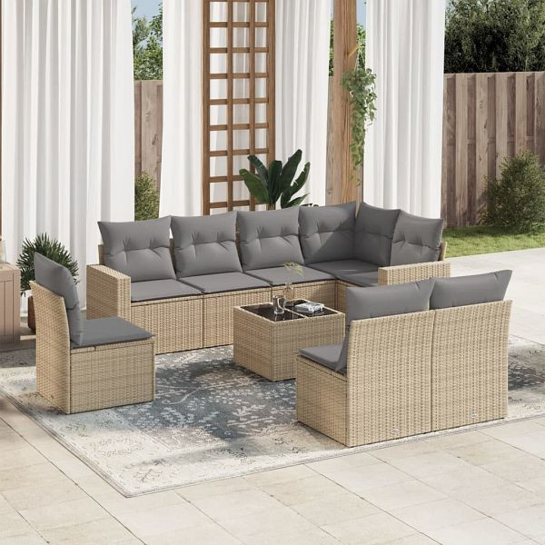 vidaXL 9-teilig Garten-Sofagarnitur mit Kissen Beige Poly Rattan, 3219069