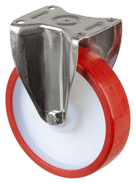 BS Rollen Edelstahl Schwerlastrolle, Bockrolle, Breite 50 mm, Ø200 mm, bis 450 kg, Polyurethan rot, Körper Kunststoff, Edelstahl-Rollenlager, HS110.B28.201