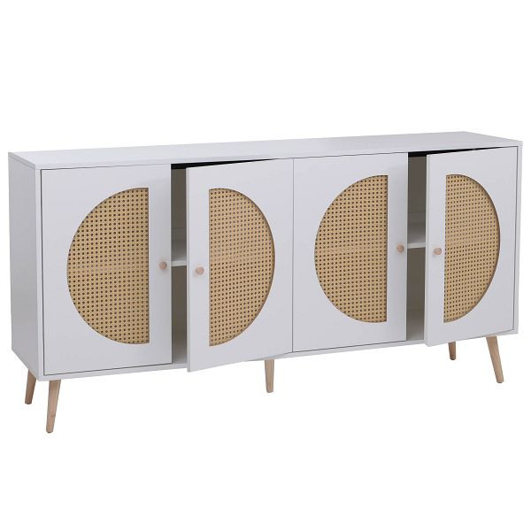 Mendler Sideboard HWC-P49, Schrank Kommode mit Türen Anrichte Staufächer, Poly-Rattan MDF Melamin 80x160x40cm, weiß, 139897+139898