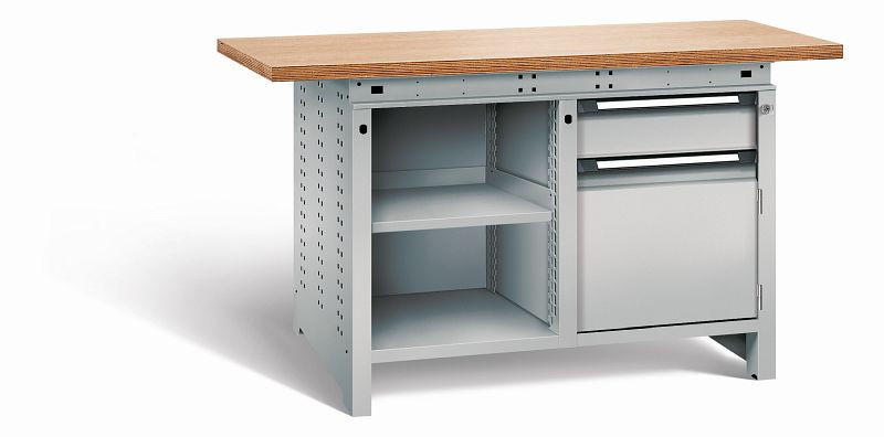 Otto Kind Werkbank Serie function Typ 211, Multiplexplatte 40 mm, überstehend, 2x Unterbau, komplett RAL 9006, 072341296
