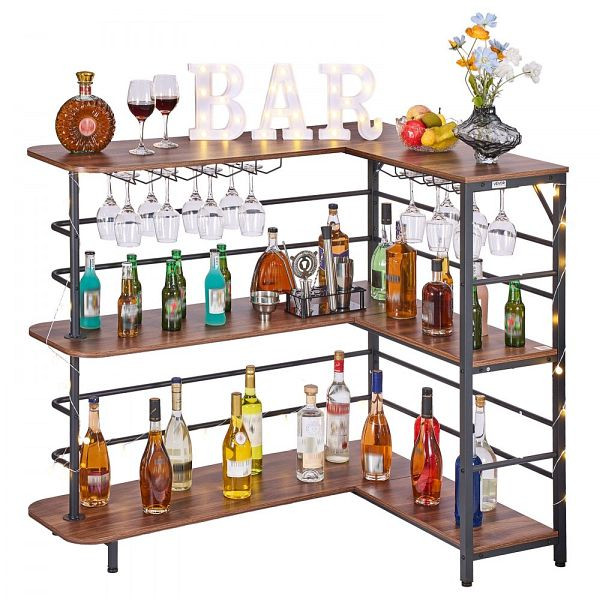 VEVOR L-Förmige Hausbar mit Stauraum, 3 Ebenen & Weinglashalter, 99,8 kg belastbar, 1200x900x1095 mm, Holzwerkstoff, JTJB2CLXWCT4MNS1T001V9