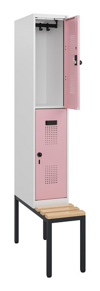 C+P Doppelstöckiger Spind Evolo PLUS, Bank, 2 Fächer, 1950x300x815mm, 9016/3015, Drehriegel, Sitzfläche Buche-Hartholz, Sitzbank, 0493505-10 S10018