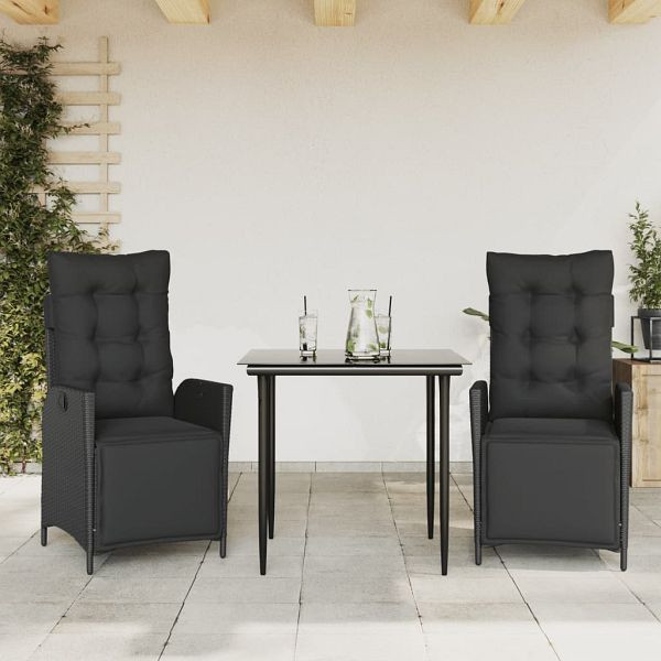 vidaXL 3-tlg. Garten-Essgruppe mit Kissen Schwarz Poly Rattan, 3213392