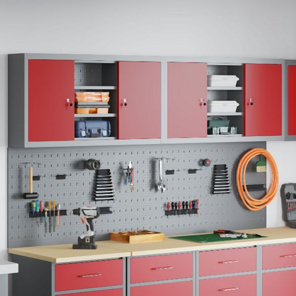 vidaXL 4-teiliger Werkzeugschrank und Pegboard-Set zur Wandmontage in Rotem Metall, 3321407