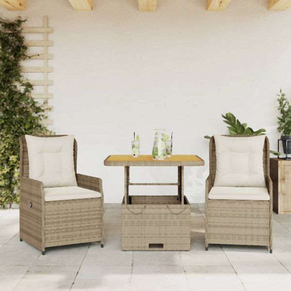 vidaXL 3-tlg. Bistro-Set mit Kissen Beige Poly Rattan, 3262774