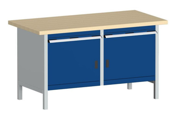 bott cubio Kastenwerkbank mit 2 Schubladen 2 Türen, Multiplex-Arbeitsplatte BxTxH: 1500 x 750 x 840 mm, RAL 7035/5010, 41002028.11V