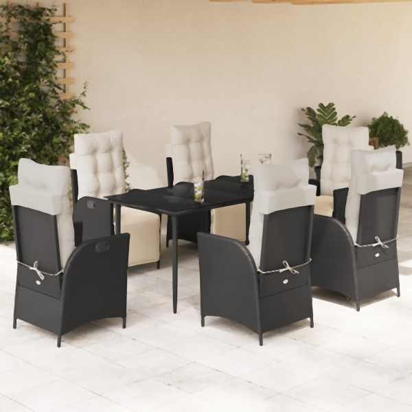 vidaXL 7-tlg. Garten-Essgruppe mit Kissen Schwarz Poly Rattan, UV-beständig, 3213382