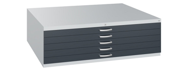 C+P Flachablageschrank Serie 7100_7200, H420xB1350xT960mm, 7035/7016, 5 Schubladenblenden doppelwandig, 7200-000 S10346