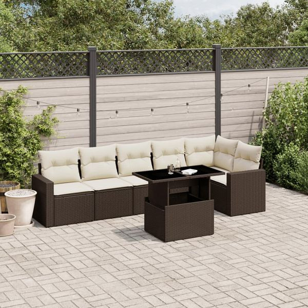 vidaXL 7-teilig Garten-Sofagarnitur mit Kissen Braun Poly Rattan, 3267293