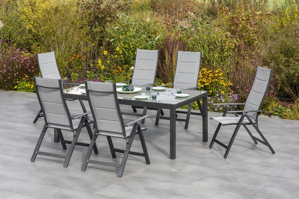 Merxx 7-teilig Florenz Set, 6 Florenz Klappsessel, Rückenlehne verstellbar, graphit/grau, 1 Semi Ausziehtisch 200 (300) x 100 cm, graphit/grau, 50250-309