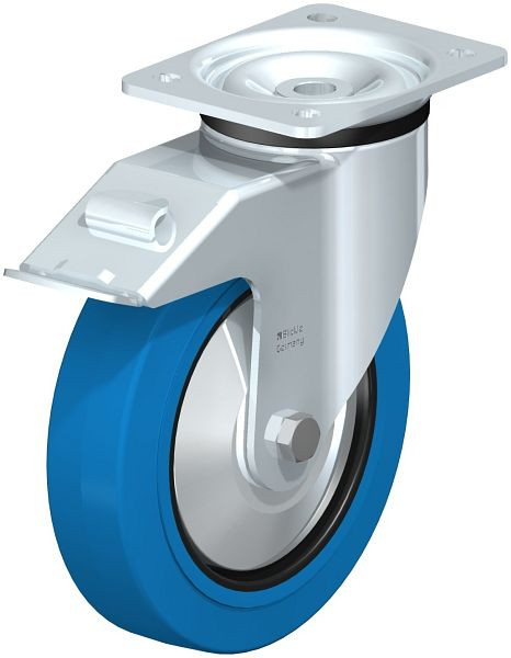 Blickle LK-POEV 200K-FI-SB-FA Stahlblech-Lenkrolle, schwere Ausführung, mit Anschraubplatte & Feststeller, Elastik-Vollgummi, Blau, 750381