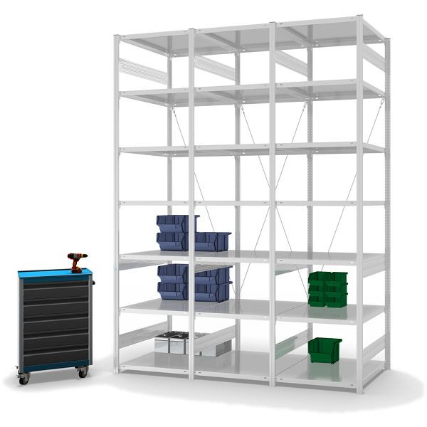 hofe Fachboden-Grundregal, 3000x800x750 mm, 7 Fachebenen, RAL 7035, 130 kg Fachlast, 1700 kg Feldlast, einseitige Bedienung, HKG30807XL