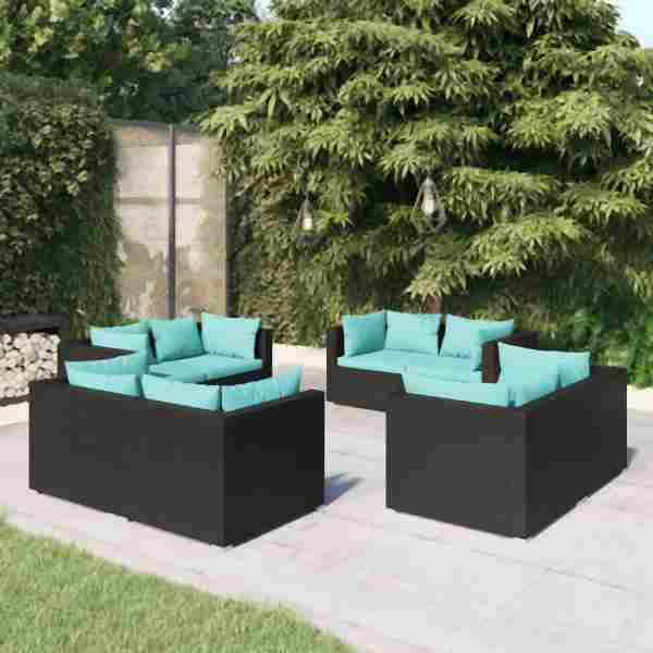 vidaXL 8-tlg. Garten-Lounge-Set mit Kissen Poly Rattan Schwarz, 3101553