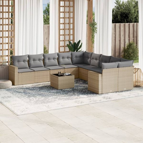vidaXL 11-teilig Garten-Sofagarnitur mit Kissen Beige Poly Rattan, 3219509