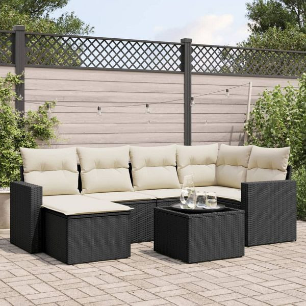 vidaXL 7-teilig Garten-Sofagarnitur mit Kissen Schwarz Poly Rattan, 3251603