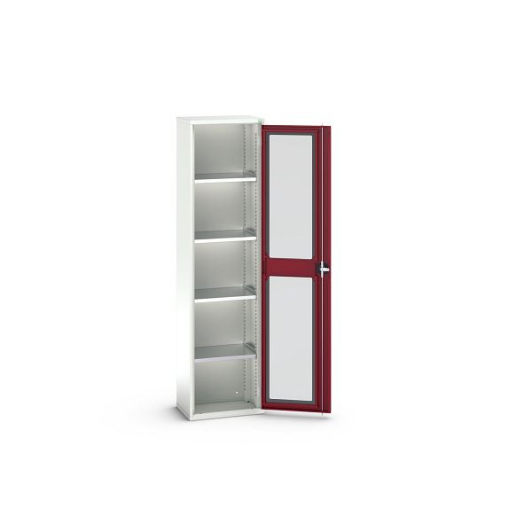 bott verso Flügeltürschrank mit Sichtfenster, mit 4 Fachböden, BxTxH: 525 x 350 x 2000 mm, Lichtgrau / Purpurrot, 16926073.24