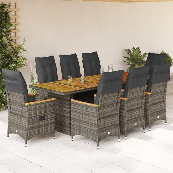 vidaXL 9-tlg. Garten-Bistro-Set mit Kissen Grau Poly Rattan, 3277252