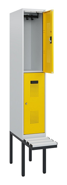 C+P Doppelstock-Spind Evolo PLUS, Bank, 2 Fächer, 1950x300x815mm, 7035/1023, Zylinderschloss, Sitzfläche Kunststoff, 0493405-10 S10136