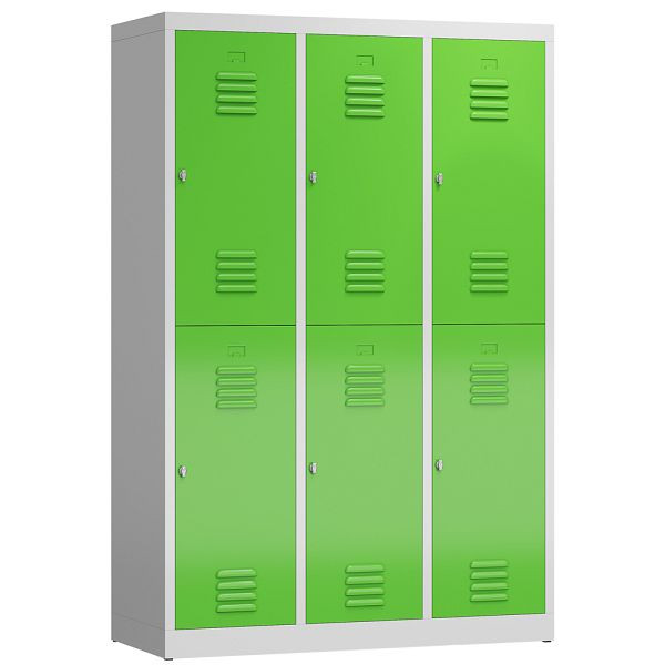 Lüllmann ClassiX Garderobenschrank, 3 Abteile doppelstöckig, 1800 x 1185 x 500 mm, lichtgrau/gelbgrün, X-523235