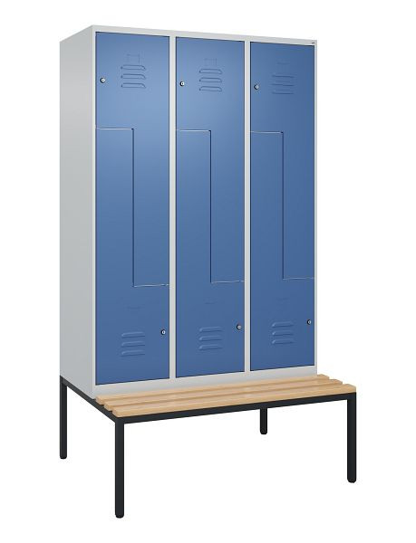 C+P Z-Spind Classic PLUS, mit untergebauter Sitzbank, 6 Abteile, 2120x1200x815mm, 7035/5023, Zylinderschlösser, Buche-Sitzleisten, 0800537-326 S10020