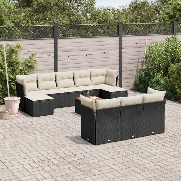 vidaXL 11-tlg. Garten-Sofagarnitur mit Kissen Schwarz Poly Rattan, UV-beständig, 3256210