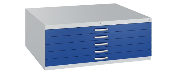 C+P Flachablageschrank Serie 7100_7200, H420xB1100xT765mm, 7035/5010, 5 Schubladenblenden doppelwandig, 7100-000 S10294