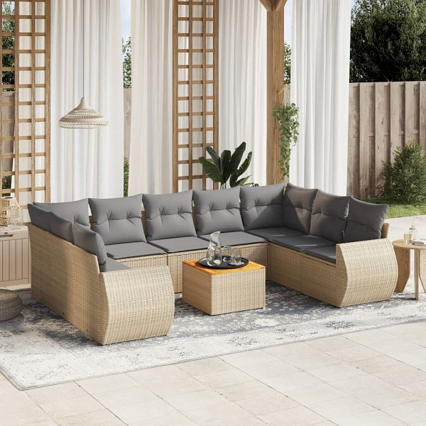 vidaXL 10-teilig Garten-Sofagarnitur mit Kissen Beige Poly Rattan, 3225149