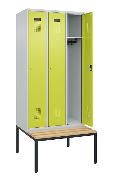 C+P Spind Evolo PLUS, 3 Abteile, 2120x900x815mm, 7035/0024, Haken 3, Zylinderschloss, Sitzfläche Buche-Hartholz, Sitzbank, 0490507-30 S10042
