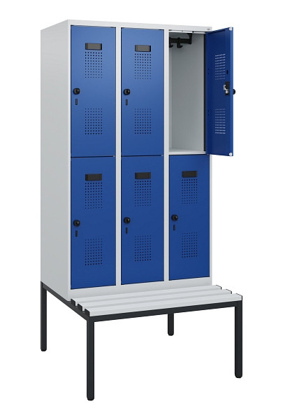 C+P Doppelstöckiger Spind Evolo PLUS, Bank, 6 Fächer, 1950x900x815mm, 7035/5010, Drehriegel, Sitzfläche Kunststoff, Sitzbank, 0493505-30 S10093