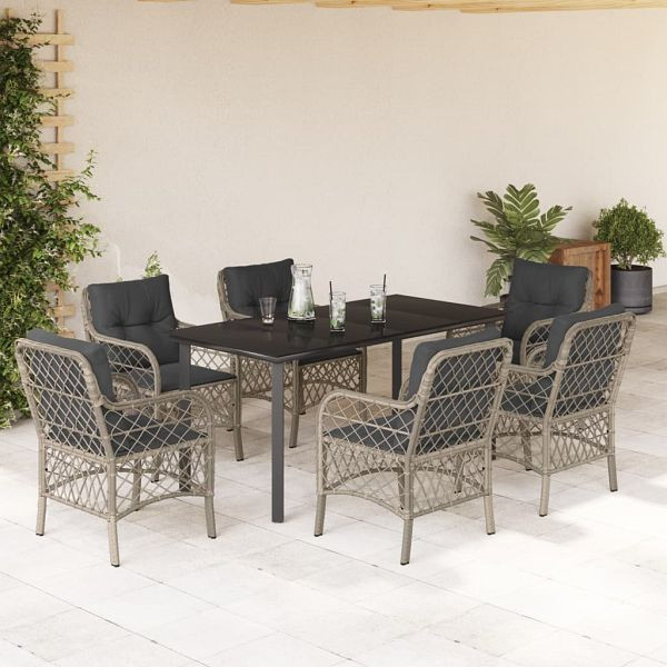 vidaXL 7-teilig Garten-Essgruppe mit Kissen Hellgrau Poly Rattan, 3212177