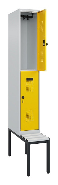 C+P Doppelstock-Spind Evolo PLUS, Bank, 2 Fächer, 2120x300x815mm, 7035/1023, Drehriegel, Sitzfläche Kunststoff, Sitzbank, 0493507-10 S10082