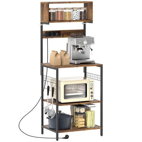 HOMCOM Küchenregal, Standregal mit 5 S-Haken, 5 Ablagen, Steckdose, aus Stahl, Rustikal-Braun, 60 x 42, 801-317V91RB