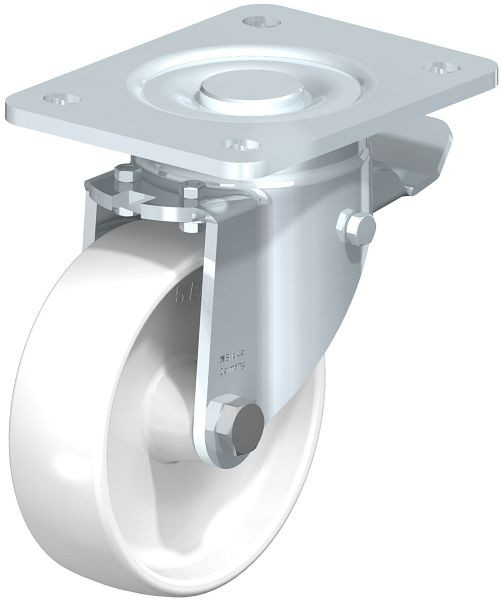 Blickle LH-PO 125G-3-ST Stahlblech-Lenkrolle, Schwerlast-Ausführung, mit Anschraubplatte & Feststeller, Polyamid, Weiß, 11585