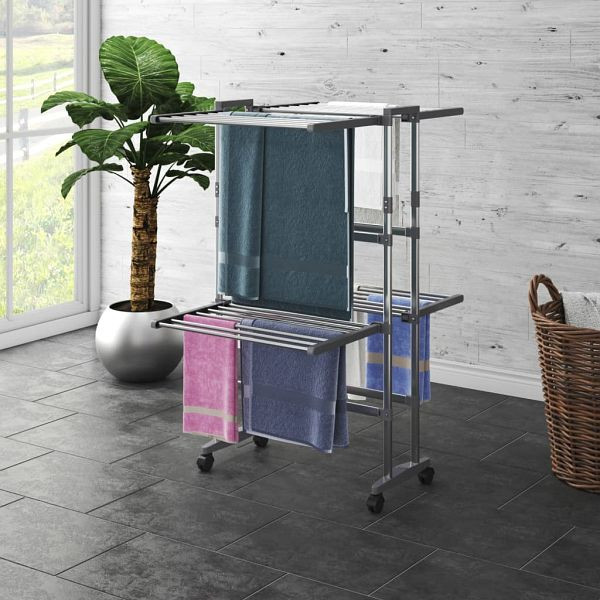 vidaXL Wäscheständer 2 Etagen mit Rollen Silbern 60x70x106 cm, 344377