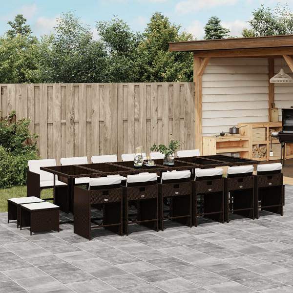 vidaXL 17-tlg. Garten-Essgruppe mit Kissen Braun Poly Rattan, UV-beständig, 3277952