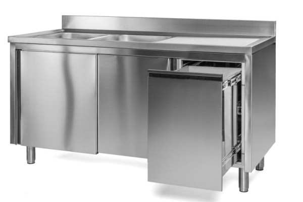 A&S Gastro Spülschrank mit Abfallbehälter, 2 Becken links, Bautiefe 600 mm, 140x600x850 mm, SPSCH1462BL-A