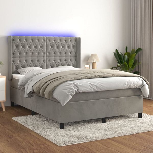 vidaXL Boxspringbett mit Matratze & LED Hellgrau 140x200 cm Samt, 3139745