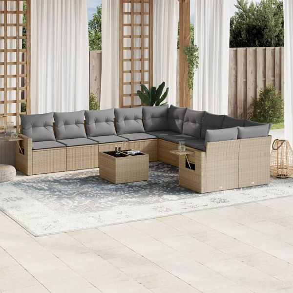 vidaXL 11-tlg. Garten-Sofagarnitur mit Kissen Beige Poly Rattan, 3253056