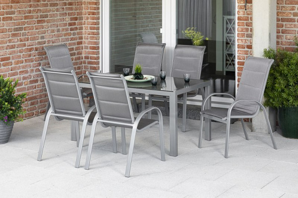 Merxx Amalfi di lusso Set 7 -teilig, diamantbraun, 6 Amalfi di lusso Stapelsessel, 1 Tisch in moderner Optik, 150 x 90 cm, silber/diamantbraun, 50330-330