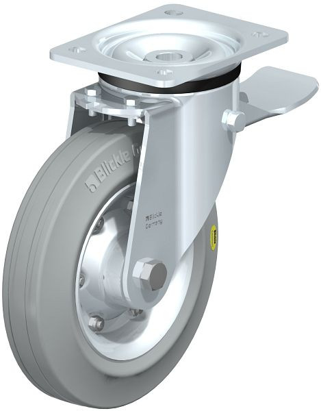 Blickle LK-RD 200K-ST-VLI Stahlblech-Lenkrolle, schwere Ausführung, mit Anschraubplatte & Feststeller, Zweikomponenten-Vollgummi, Grau, 438606